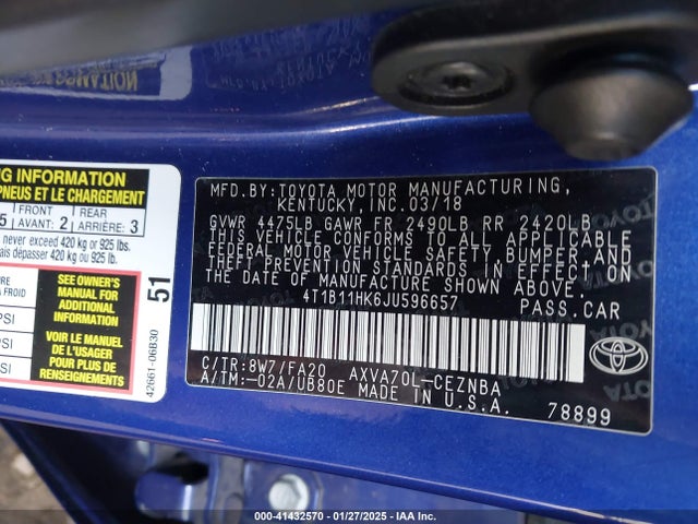 4T1B11HK6JU596657 Toyota CAMRY LE