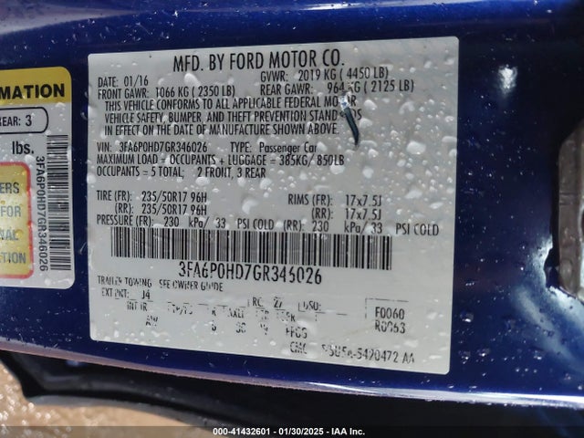 Ford FUSION SE 2016 3FA6P0HD7GR346026 Image 9