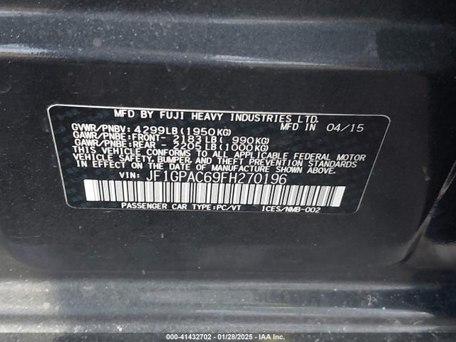 Aukcja sprzedaży 2015 Subaru Impreza 2.0i Premium, vin: JF1GPAC69FH270196, numer aukcji: 41432702
