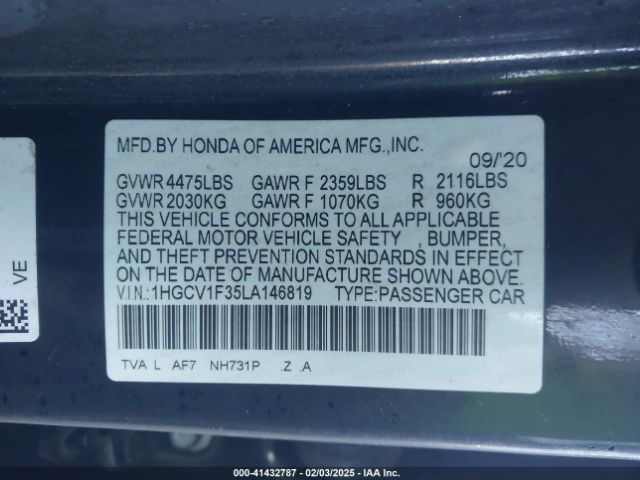 1HGCV1F35LA146819 Honda Accord Sport