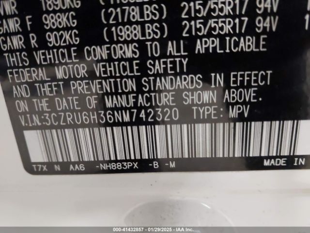 3CZRU6H36NM742320 Honda Hr-v Awd Lx