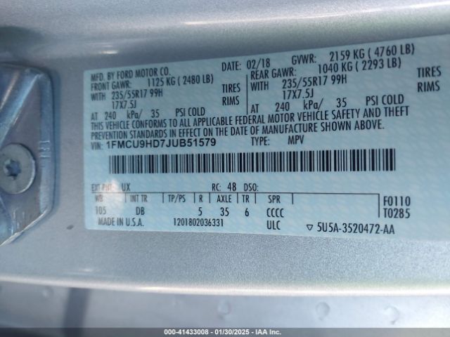 1FMCU9HD7JUB51579 Ford ESCAPE SEL