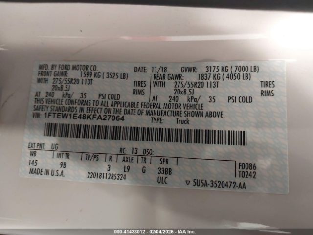 1FTEW1E48KFA27064 Ford F-150 Platinum