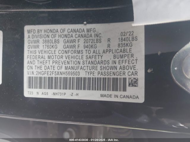 2HGFE2F5XNH569503 Honda Civic Sport