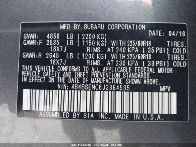 4S4BSENC6J3364535 Subaru Outback 3.6r Limited