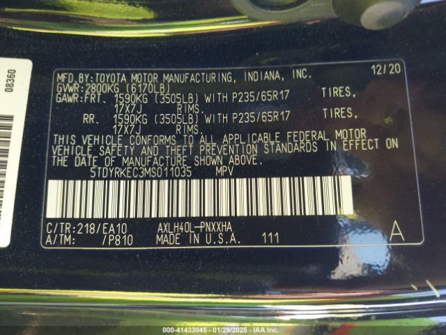 5TDYRKEC3MS011035 Toyota SIENNA XLE