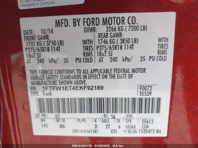 1FTFW1ET4EKF92189 Ford F-150 Xlt