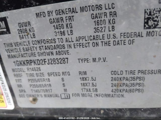 1GKKRPKD2FJ283287 GMC Acadia Sle-2