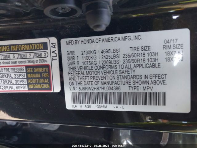5J6RW2H87HL034386 Honda Cr-v Ex-l/ex-l Navi