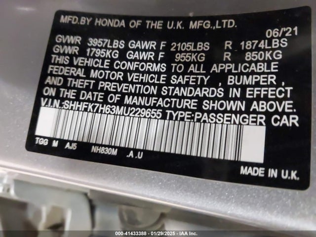 SHHFK7H63MU229655 Honda CIVIC EX