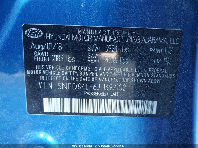 5NPD84LF6JH392102 Hyundai ELANTRA SEL
