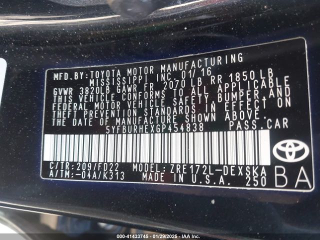 5YFBURHEXGP454838 Toyota Corolla S Plus