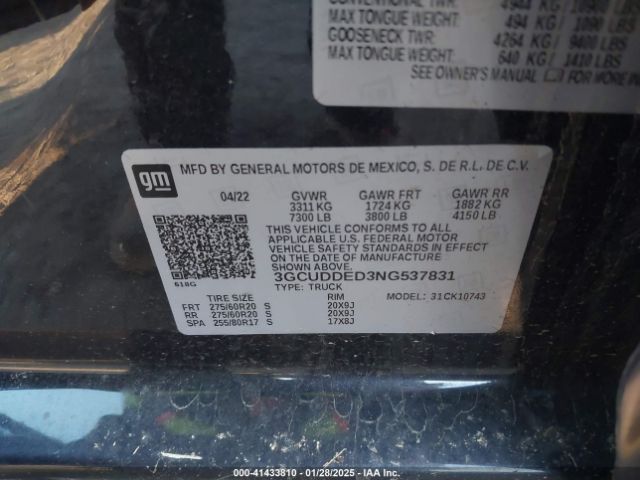3GCUDDED3NG537831 Chevrolet Silverado 1500 4wd  Standard Bed Lt