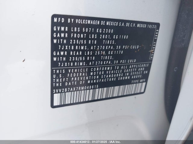 3VV2B7AX7RM048615 Volkswagen Tiguan 2.0t Se/2.0t Wolfsburg Edition