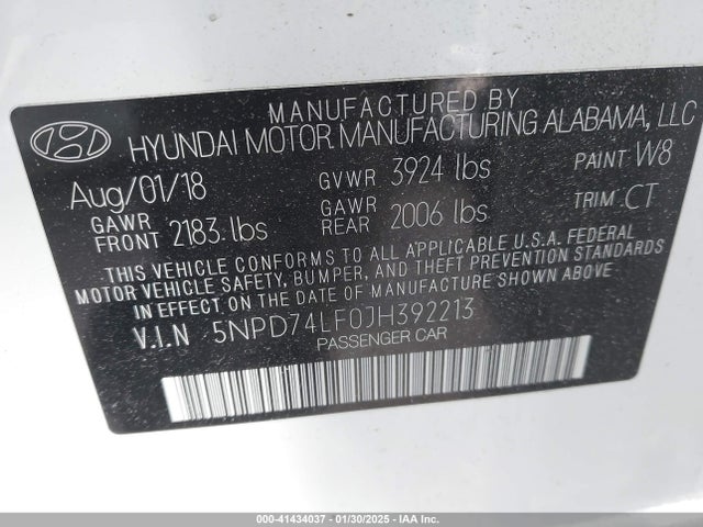 5NPD74LF0JH392213 Hyundai ELANTRA SE