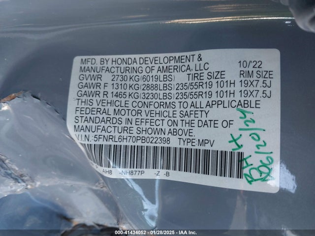 5FNRL6H70PB022398 Honda Odyssey Sport