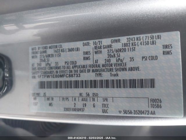 1FTFW1E80MFC88733 Ford F-150 Xlt