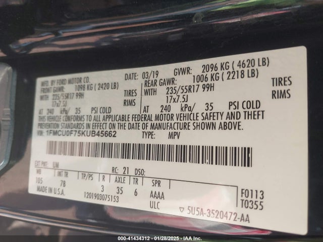 Ford ESCAPE S 2019 1FMCU0F75KUB45662 Image 9
