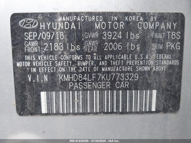 KMHD84LF7KU773329 Hyundai ELANTRA SEL