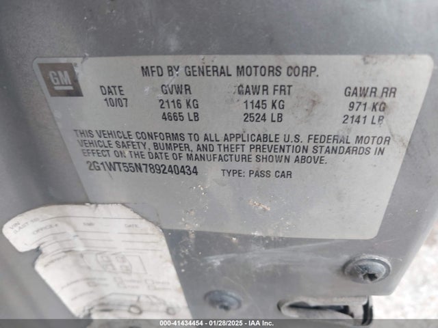 41434454 :رقم المزاد ، 2G1WT55N789240434 vin ، 2008 Chevrolet Impala Lt مزاد بيع
