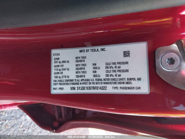 5YJ3E1EB7RF814322 Tesla Model 3 Long Range Dual Motor All-wheel Drive