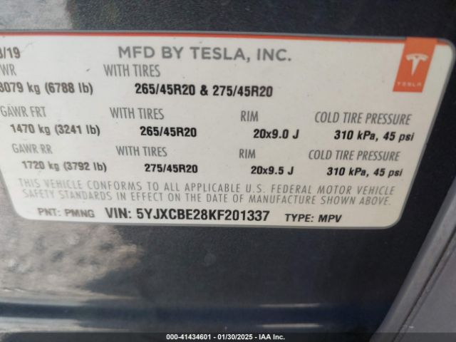5YJXCBE28KF201337 Tesla Model X 100d/75d/long Range