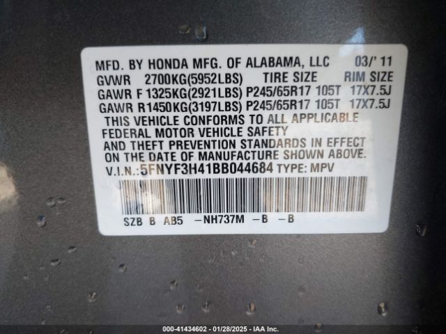 2011 HONDA PILOT 5FNYF3H41BB044684 Photo 8