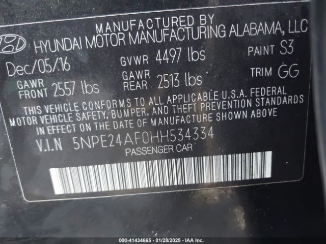 5NPE24AF0HH534334 Hyundai Sonata