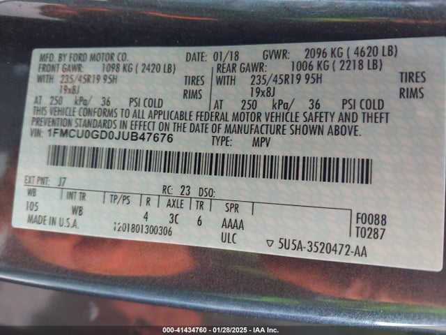 1FMCU0GD0JUB47676 Ford ESCAPE SE