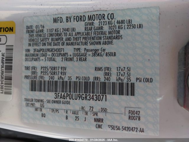 3FA6P0LU9GR343071 Ford Fusion Hybrid Se