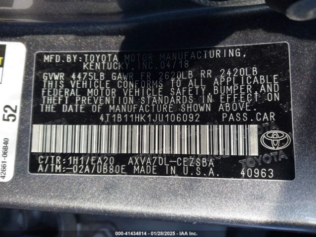 4T1B11HK1JU106092 Toyota CAMRY SE