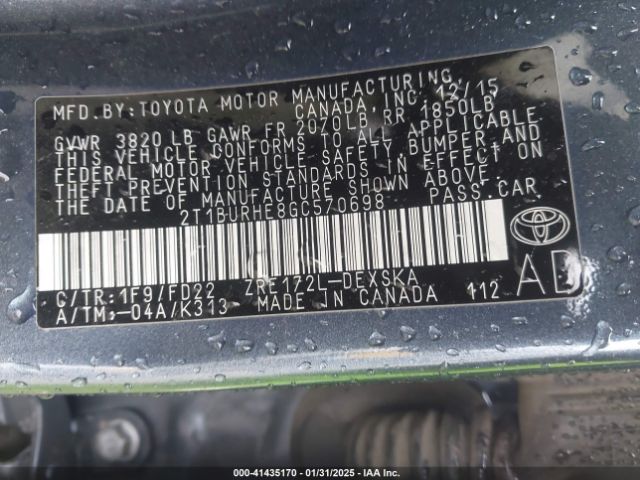 2T1BURHE8GC570698 Toyota 2zr-fe