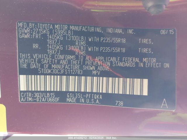 5TDDK3DC3FS112783 Toyota Sienna Limited Premium 7 Passenger