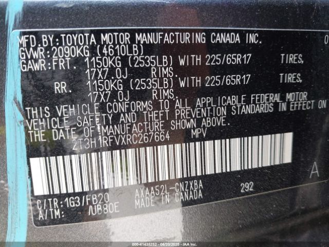 2T3H1RFVXRC267664 Toyota a25a-fks