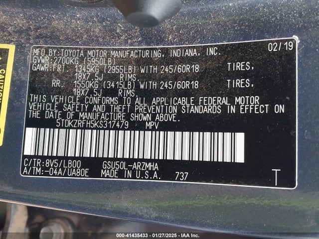 5TDKZRFH5KS317479 Toyota Highlander Xle