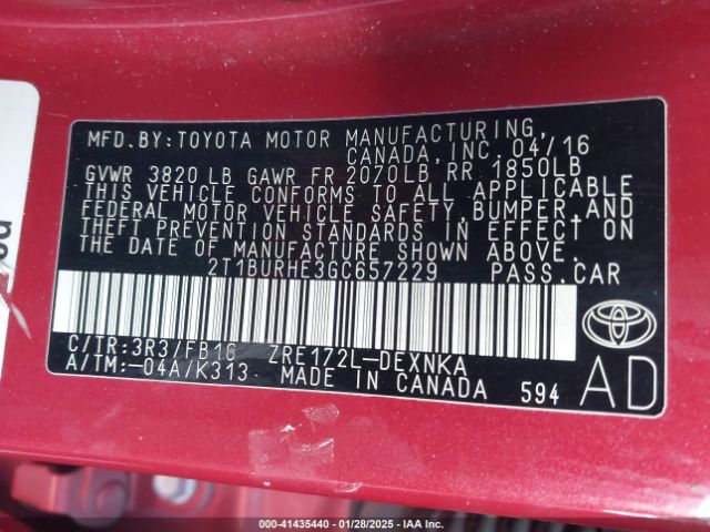 2T1BURHE3GC657229 Toyota COROLLA LE