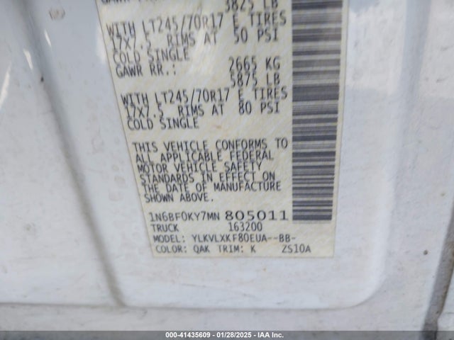 1N6BF0KY7MN805011 Nissan Nv Cargo Nv2500 Hd Sv Standard Roof V6