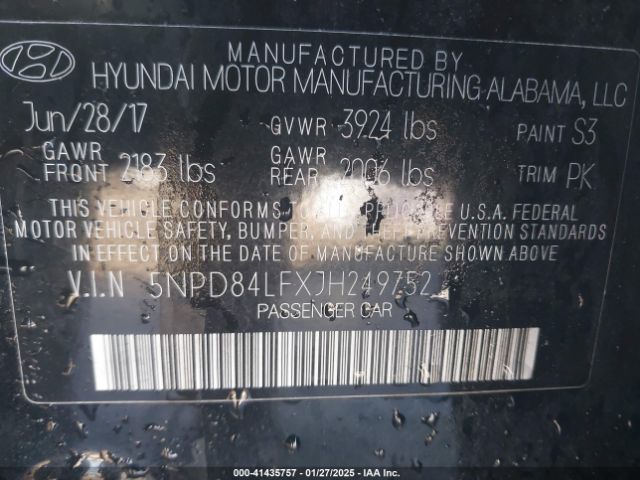 5NPD84LFXJH249752 Hyundai ELANTRA SEL