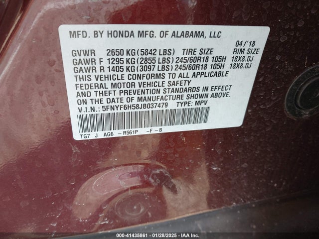 5FNYF6H58JB037479 Honda Pilot Ex-l