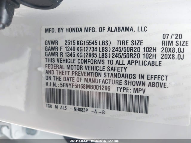 5FNYF5H68MB001296 Honda Pilot 2wd Touring 7 Passenger