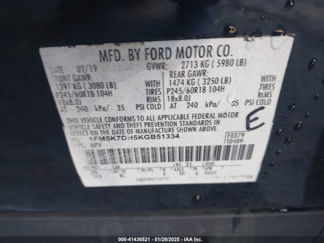 1FM5K7DH5KGB51334 Ford EXPLORER XLT