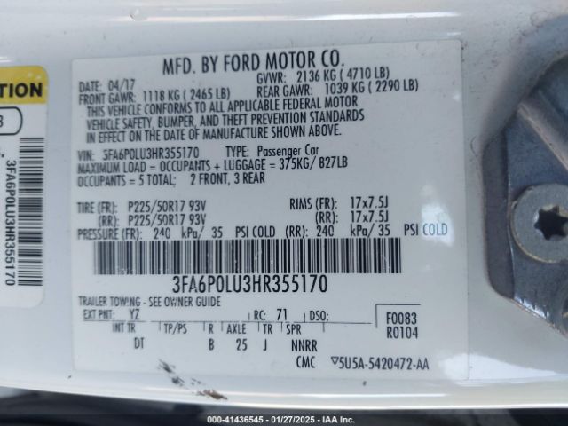 3FA6P0LU3HR355170 Ford Fusion Hybrid Se