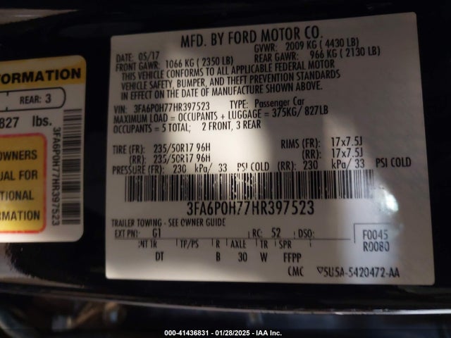 Ford FUSION SE 2017 3FA6P0H77HR397523 Image 9
