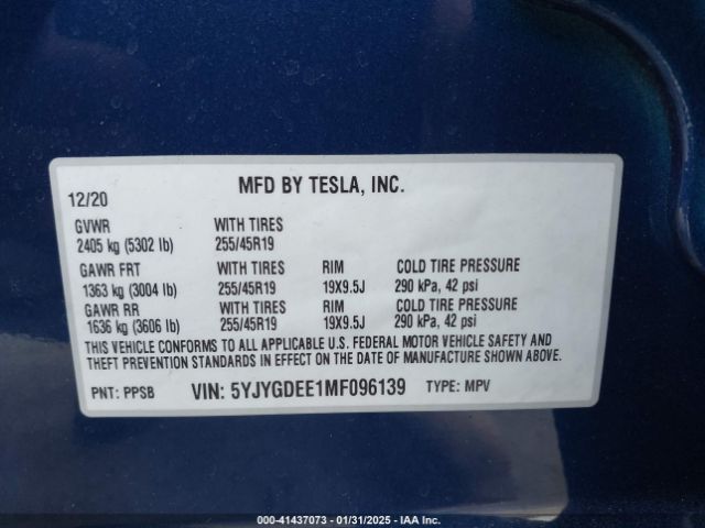 5YJYGDEE1MF096139 Tesla Model Y Long Range Dual Motor All-wheel Drive