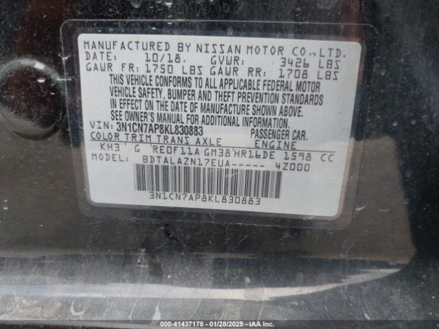 3N1CN7AP8KL830883 Nissan Versa 1.6 S+