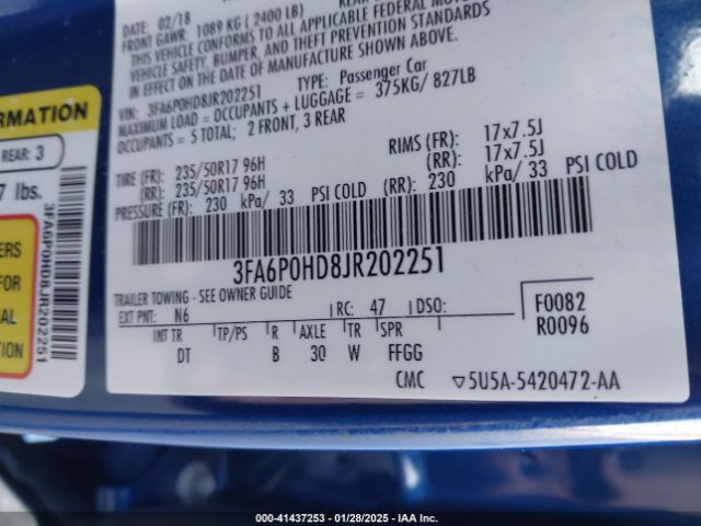 3FA6P0HD8JR202251 Ford FUSION SE