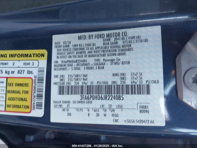 3FA6P0HD6JR224085 Ford FUSION SE