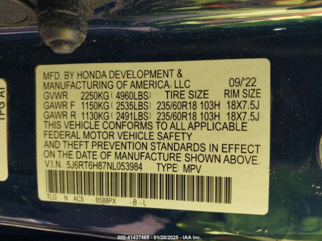 5J6RT6H87NL053984 Honda Cr-v Hybrid Ex-l