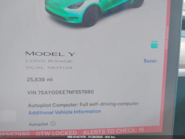 7SAYGDEE7NF557980 Tesla Model Y Long Range Dual Motor All-wheel Drive