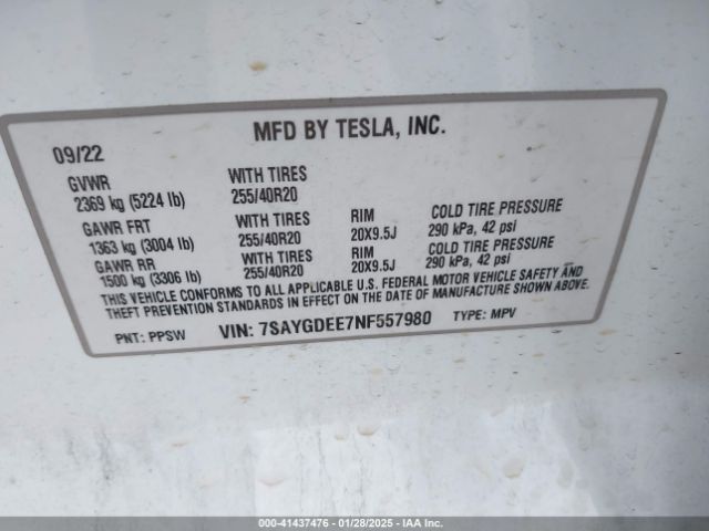 7SAYGDEE7NF557980 Tesla Model Y Long Range Dual Motor All-wheel Drive